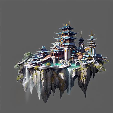 08239-2318763287-Top view, still life, East Asian architecture, grey background, architecture, water, no humans, waterfall, scenery, tree, simple.png